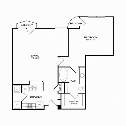 Floor plan for 1 bed, 1 bath, 874 sqft